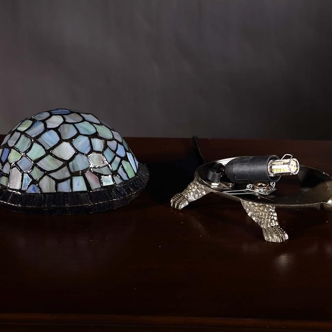 Bieye L10400 Tortoise Tiffany Style Stained Glass Accent Table Lamp Night Light for Bedside Living Room (Blue)