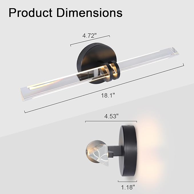 YUYI Crystal Picture Light for Wall, 18" Black Linear Picture Light Hardwired, Modern K9 Crystal Dimmable Painting Lights for Wall Art, Mirror, Paintings, Picture Frame