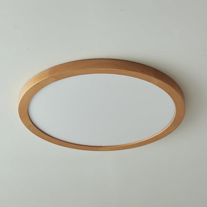 Ultra-Thin LED Ceiling Light Fixture 16.53", Handcrafted Natural Wood Modern Wabi-Sabi Style, Slim 2.5cm Profile, 37W LED 3000K-4000K-6000K, Round Minimalist Lamp for Bedroom Kitchen Hallway