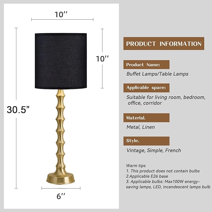 Set of 2 Gold Table Lamps, 30.5" Electroplated Gold Bamboo Base with White Linen Shade, Tall Buffet Lamps for Dining Room, Living Room, Bedroom Decor