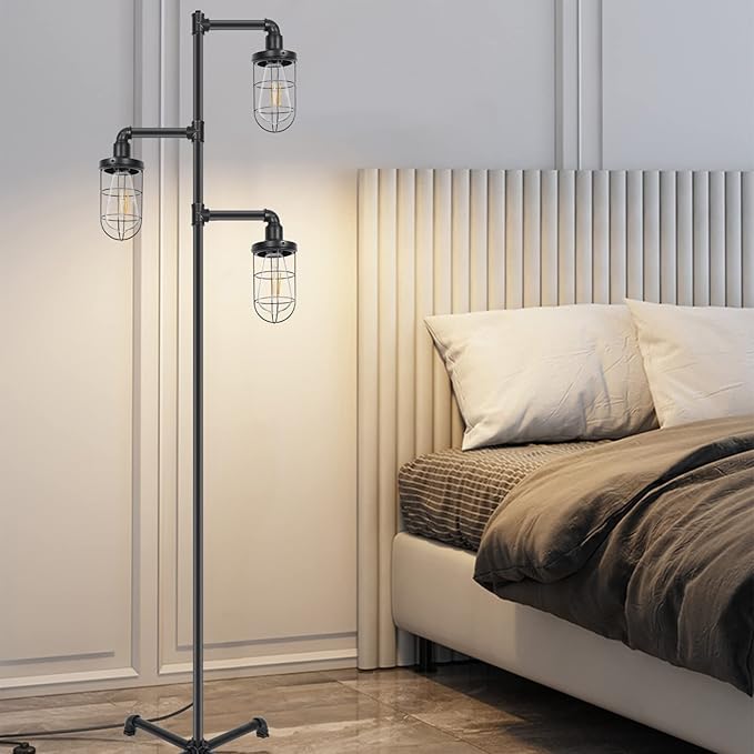 CONCA Steampunk Three Head Industrial Floor Lamp, Rustic Edison Bulb, Cage Shade (Black)
