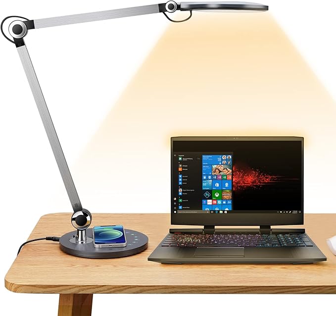 Desk Lamp,Led Architect Desk Lamp,Desk Lamps for Home Office,Table lamp with Wireless Charger & Adjustable Swing Arm,Touch Control, 3 Lighting Mode,5 Brightness,Eye-Caring Office Lamp - Aura Lighting