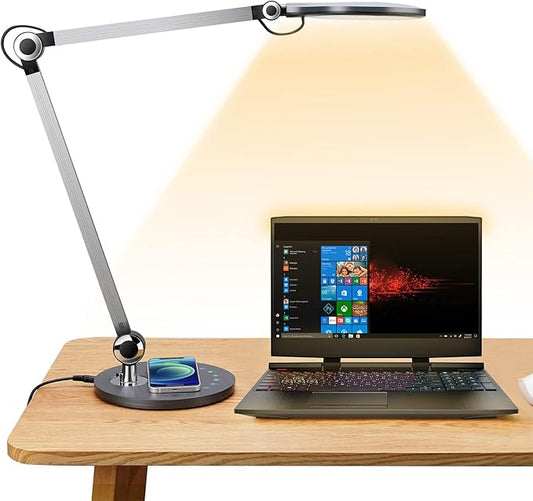 Desk Lamp,Led Architect Desk Lamp,Desk Lamps for Home Office,Table lamp with Wireless Charger & Adjustable Swing Arm,Touch Control, 3 Lighting Mode,5 Brightness,Eye-Caring Office Lamp - Aura Lighting