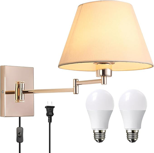 Rose Gold Wall Sconce Plug in, Swing Arm Wall Lamp with Beige Fabric Shade for Living Room Doorway Study Room Bedroom Bedside Reading Wall Light Fixtures with On/Off Switch