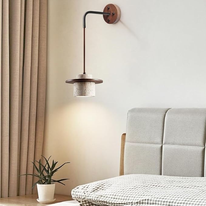 Japanese Wabi-sabi Style Natural Stone Wall Lamps Creative Vintage Beige Wall Light with E26/E27 Base Solid Wood Wall Sconces for Home Decoration Living Room Corridor Coffee Shop(Style 1)