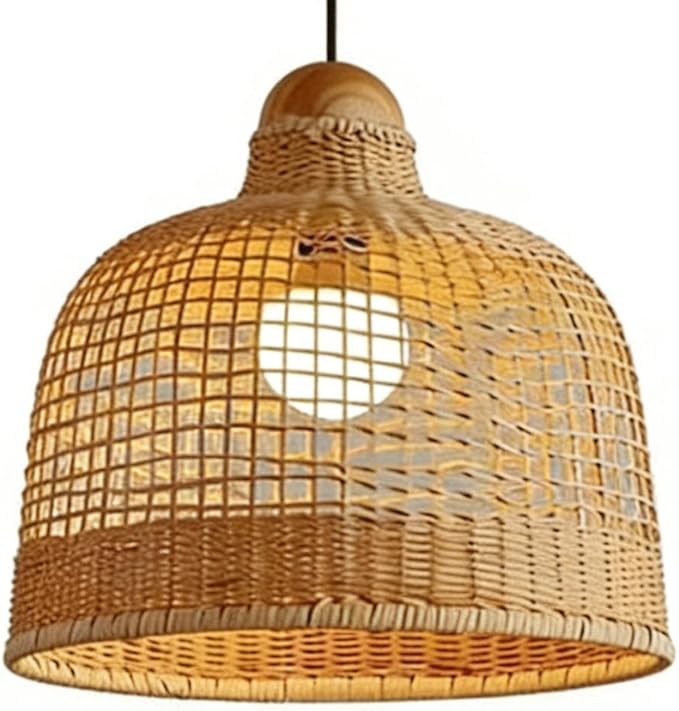 Rattan Wicker Pendant Light,Japanese Wabi-Sabi Vintage Bamboo Chandelier,Zen Natural Handwoven Hanging Lamp with Solid Wood Ceiling Plate,Living Room Fixture for Dining Room Bedside