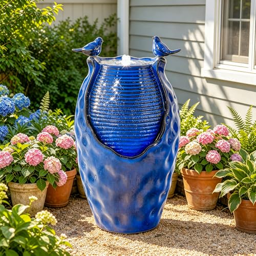 Autodaya 25" Ceramic Jar Outdoor Water Fountain with Hammered Texture