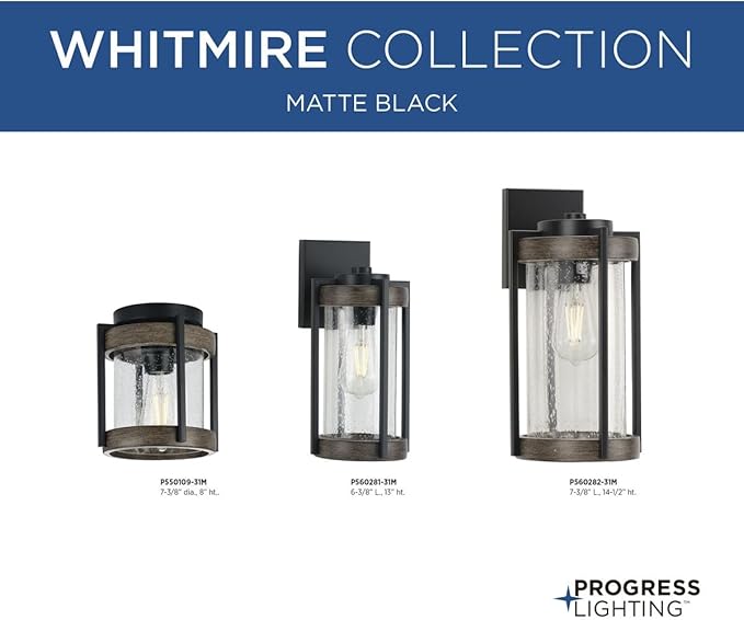 Whitmire Collection 1-Light Clear Seeded Glass Light Aged Oak Accents Farmhouse Outdoor Wall Lantern Light Matte Black