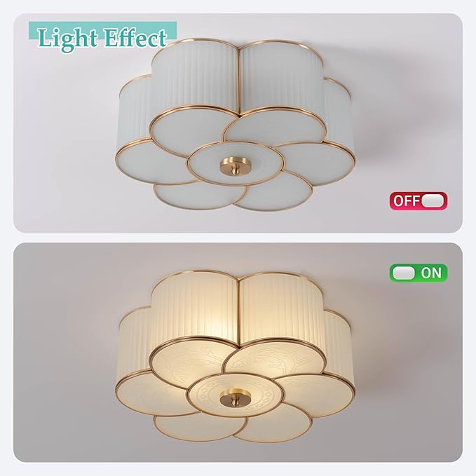 Brass Flush Mount Ceiling Light, Vintage Frosted Glass Ceiling Lighting Fixture, 4 Lights Classic Ceiling Lamp for Bedroom Nursery Living Room (Flower, 17.7")
