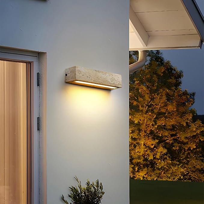 Outdoor/Indoor Natural Stone Wall Sconces, Exterior IP65 Waterproof Yellow Travertine Wall Lamp, Japanese Style Wabi-Sabi Art Decor Wall Lighting Fixtures for Entryway Hallway Bedroom
