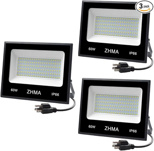 3 Pack 60W Led Flood Light, Outdoor Spotlight, Super Bright Work Light with Plug, IP66 Waterproof (White Light), 5400lm, 6500K, Garage, Backyard, Security Lights Outdoor