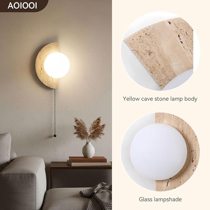 Natural Travertine Stone Wall Sconce, Half Moon LED Wall Light Fixture,Glass Globe and Pull Chain Switch Wall Lamp,Modern Minimalist Lunar Lamp for Bedroom Bedside,Living Room Accent Decor(Two kinds)