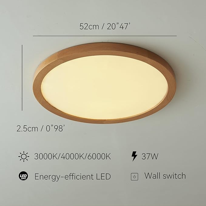 Ultra-Thin LED Ceiling Light Fixture 20.47", Handcrafted Natural Wood Modern Wabi-Sabi Style, Slim 2.5cm Profile, 37W LED 3000K-4000K-6000K, Round Minimalist Lamp for Bedroom Kitchen Hallway