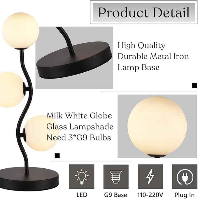 3-Light Curve Black Globe Table Lamp Mid Century Flower Beside Desk Table Light with Milk White Glass Shade Metal Base Nightstand Lamp for Bedroom Bedside