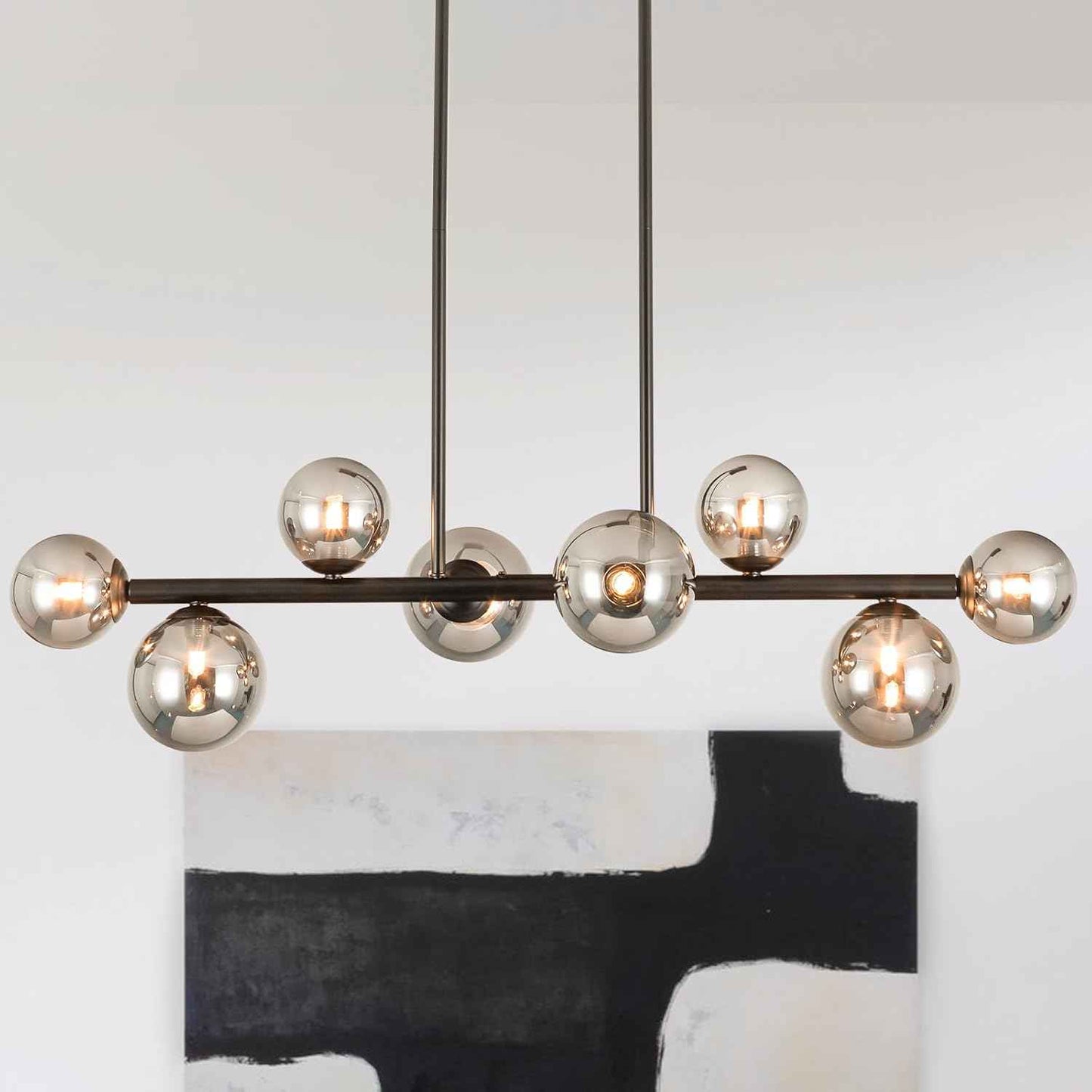 Jonsi Dining Room Light Fixture Over Table, Mid Century Chandeliers, Modern 8 Lights Smoke Grey Globe Glass Linear Chandelier Adjustable Ceiling Hanging for Living Dining Room Kitchen Island, Black