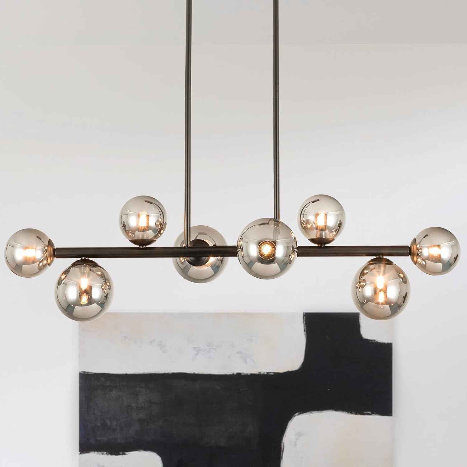 Jonsi Dining Room Light Fixture Over Table, Mid Century Chandeliers, Modern 8 Lights Smoke Grey Globe Glass Linear Chandelier Adjustable Ceiling Hanging for Living Dining Room Kitchen Island, Black