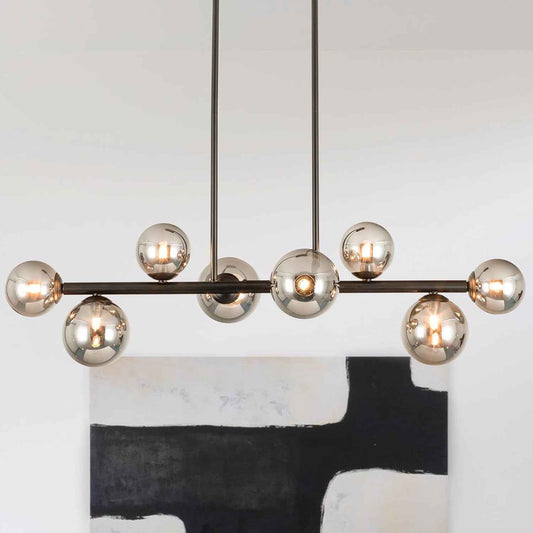 Jonsi Dining Room Light Fixture Over Table, Mid Century Chandeliers, Modern 8 Lights Smoke Grey Globe Glass Linear Chandelier Adjustable Ceiling Hanging for Living Dining Room Kitchen Island, Black