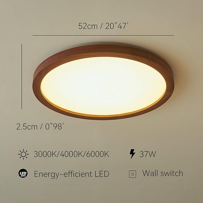 Ultra-Thin LED Ceiling Light Fixture 20.47", Handcrafted Walnut Wood Modern Wabi-Sabi Style, Slim 2.5cm Profile, 37W LED 3000K-4000K-6000K, Round Minimalist Lamp for Bedroom Kitchen Hallway