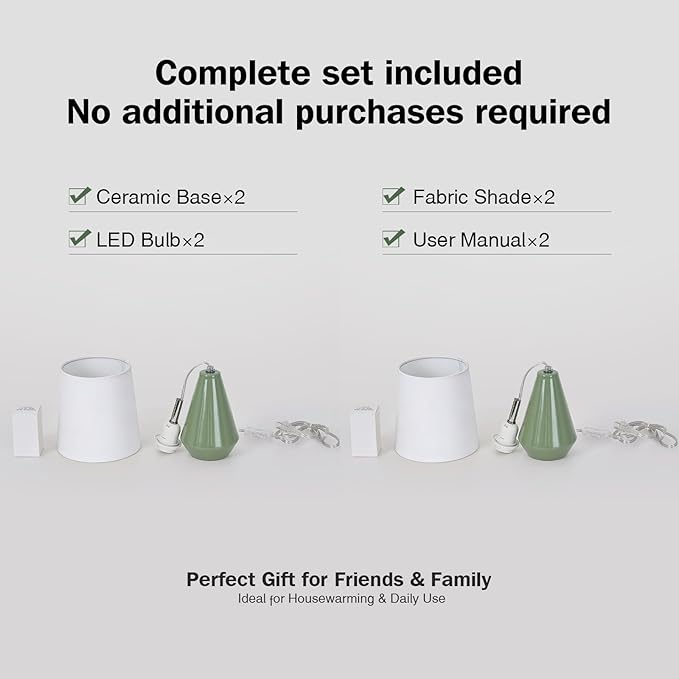 Small Bedside Table Lamp for Bedroom-Reading Desk Lamp Set of 2,with 3 Color Temperatures,15.5" Nightstand Ceramic Lamp with Fabric Shade for Kids Room,Living Room,Dorm,Home Office (Green+White )