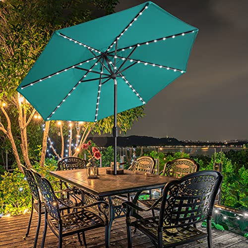 USA 10-Year-Non-Fading 9ft Market Patio Umbrella, Commercial Grade Table Sun Umbrella with 80 Solar LED Lights, Crank Open, Windproof & UPF 50+ UV Protection for Garden, Deck, Pool, Backyard, Teal