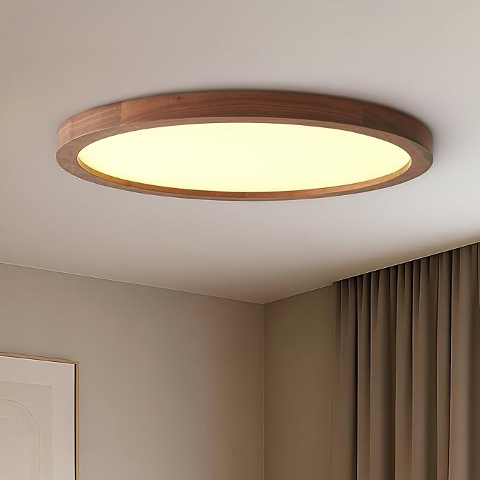Ultra-Thin LED Ceiling Light Fixture 20.47", Handcrafted Walnut Wood Modern Wabi-Sabi Style, Slim 2.5cm Profile, 37W LED 3000K-4000K-6000K, Round Minimalist Lamp for Bedroom Kitchen Hallway