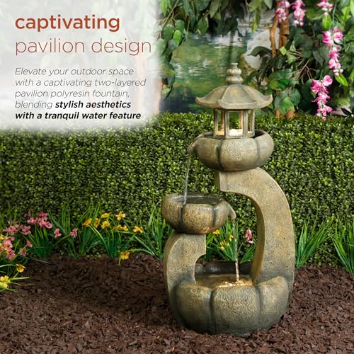 32" Tall 2 Layer Pagoda Polystone Fountain with LED Lights