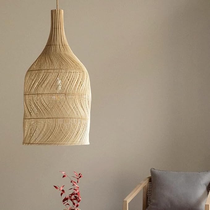 Wabi-Sabi Style Rattan Pendant Light, Handwoven Bottle Shape Hanging Lamp, Natural Bohemian Style Bedroom Hanging Light Fixture with E27 Base for Tea Room Living Room Bedroom Guesthouse