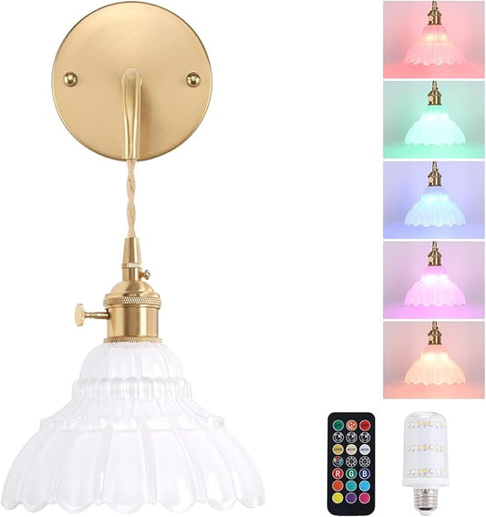 Battery Operated Wall Sconce with White Lily of The Valley Shade Glass Adjustable Chain Retro Wall Light, Modern Wall Lamp Fixtures Decor for Bedside Bedroom Indoor Doorway - Aura Lighting