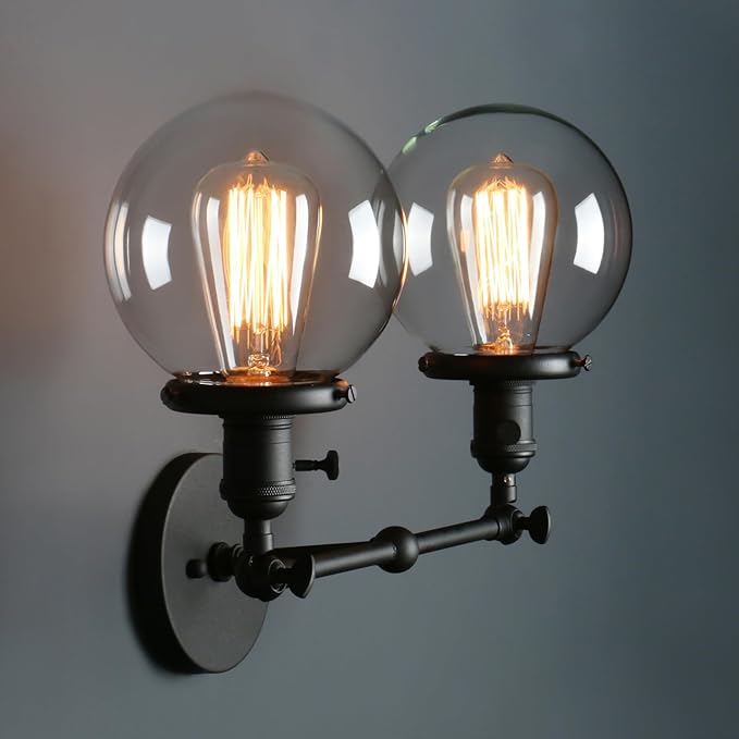 Phansthy 2 Light Industrial Glass Wall Sconce, Bathroom Wall Light with On Off Switch and Swing Arm, 5.9" Diameter Globe Lampshade Wall Lamps for Vanity Mirror Living Room Bedroom (Black)
