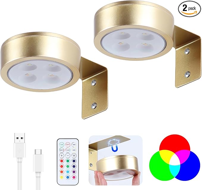2 Pack Wireless Picture Lights for Wall,Rechargeable Picture Light Battery Operated with Remote,Dimmable Painting Light for Art Display,RGB Battery Wall Lights for Dartboard Photo Frame Gallery.Gold