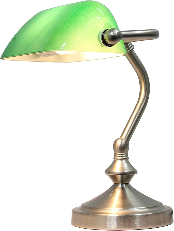 Simple Designs LT3057-GRN Brushed Nickel Mini Traditional Banker's Lamp with Glass Shade, Green
