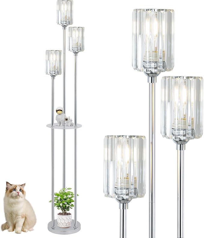 HMVPL Crystal Floor Lamps for Living Room, Modern Floor Lamp with Shelves, 3-Lights Standing Lamp with Crystal Shade, On/Off Foot Switch, Silver Corner Floor Lamp for Bedroom Living Room Office(66") - Aura Lighting
