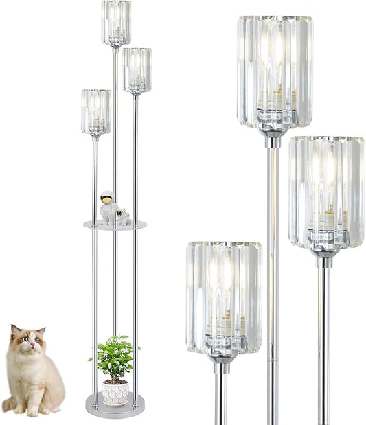 HMVPL Crystal Floor Lamps for Living Room, Modern Floor Lamp with Shelves, 3-Lights Standing Lamp with Crystal Shade, On/Off Foot Switch, Silver Corner Floor Lamp for Bedroom Living Room Office(66") - Aura Lighting