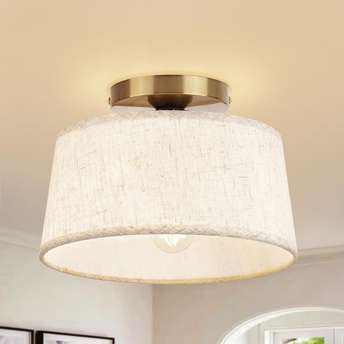 2P Modern Ceiling Light Fixture, 10 Inch Semi Flush Mount Lamp with Linen Shade, E26 Base, Gold for Kitchen Bedroom Hallway Closet Entryway Room Small Spaces, 2 Pack - Aura Lighting