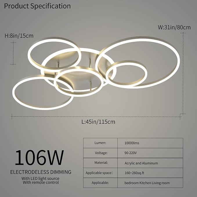 Modern LED Ceiling Light Silver Dimmable 5 Rings Flush Mount Ceiling Light Fixtures with Remote Control 106W 10000LM Ceiling Lighting for Living Room Bedroom Kitchen Dining Room 3000-6000K