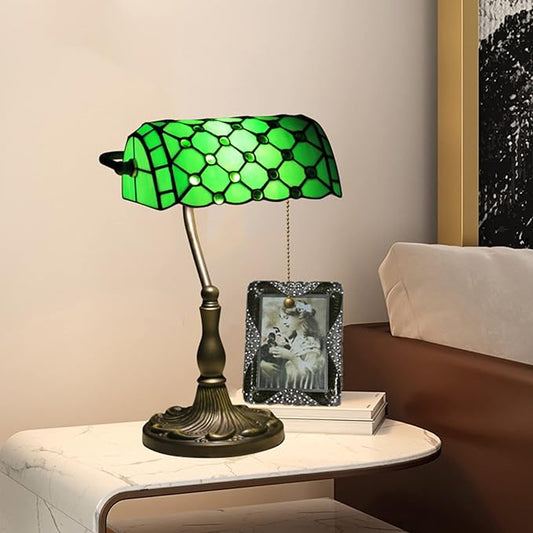 Green Banker Lamp,Tiffany Lamp,Stained Glass Lamp,Vintage Office Desk Lamp,Crystal Beads Lamp,Bedroom Bedside Reading Piano Study Lamp,Alloy Base,Birthday Gift,10X15in,B