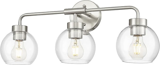 zeyu 23 Inch Bathroom Wall Light Fixtures, 3-Light Vanity Lighting Fixture, Brushed Nickel Finish with Clear Glass Globe Shade, ZS62BG-3W BN