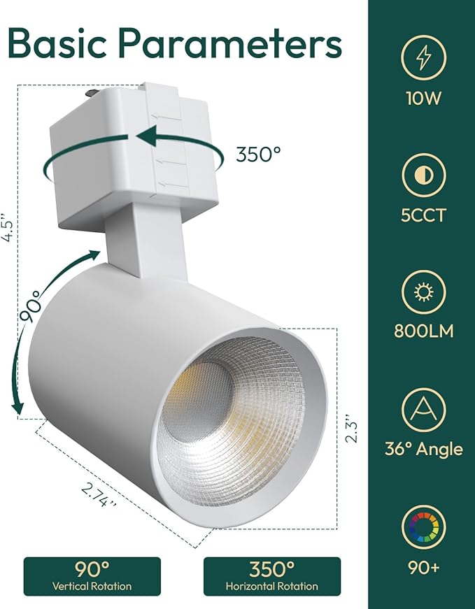 ALAMPEVER 6 Pack LED Track Lighting Heads, Dimmable J Type LED Track Lights with 5 Selectable Color Temperatures, 2700K/3000K/3500K/4000K/5000K, 10W, 800LM, 36°, Ideal for Home Commercial Use, White - Aura Lighting