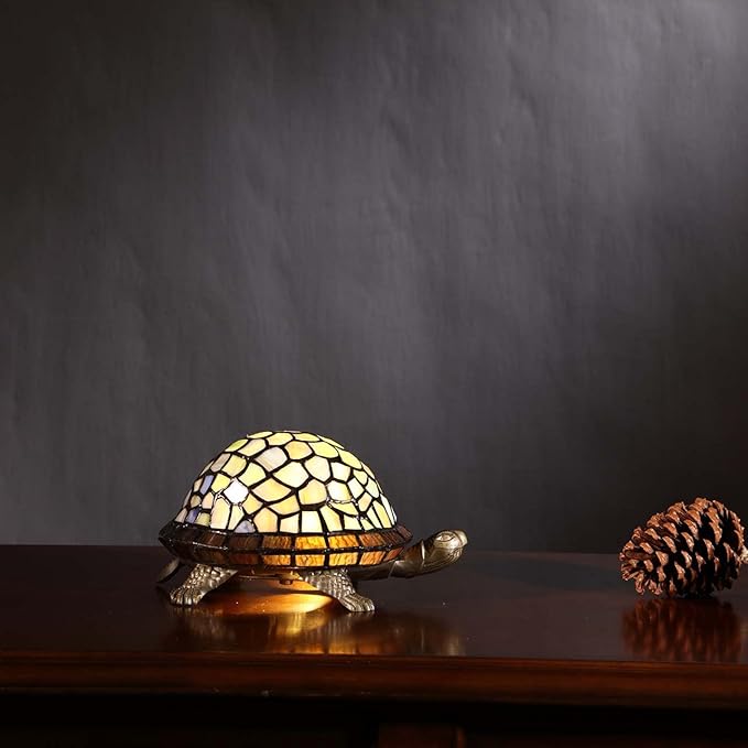 Bieye L10400 Tortoise Tiffany Style Stained Glass Accent Table Lamp Night Light for Bedside Living Room (Blue)