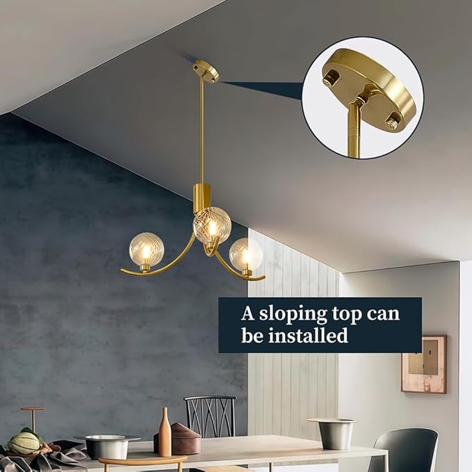 3-Head Gold Modern Chandelier with 3 Clear Glass Globe Bulbs, Globe Chandelier, Elegant Lamps with Gold Accents, Ceiling Light for Living Room Kitchen Island Bedroom Entryway