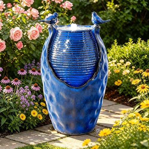 Autodaya 25" Ceramic Jar Outdoor Water Fountain with Hammered Texture