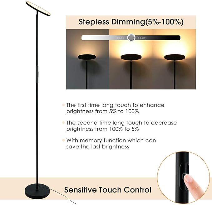 Tangkula Sky LED Torchiere Floor Lamp, Dimmable Standing Light with 3 Light Options, Ideal for Living Room, Bedroom and Office (Black)