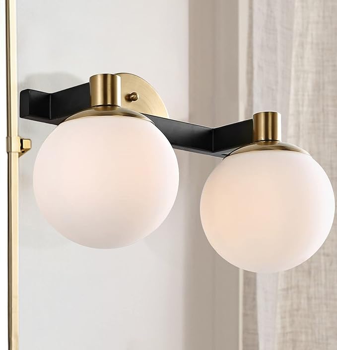 JONATHAN Y 5.75" Brass Gold/Black Modern Globe LED Vanity Wall Sconce Light, White Frosted Glass Shade, Mid-Century Art Deco Wall Lamp for Bathroom, Kitchen, Hallway (JYL3541A)