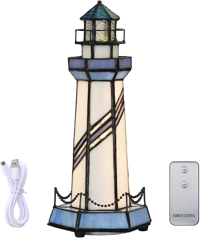 Bieye L10776 Lighthouse Tiffany Style Stained Glass Accent Table Lamp Night Light for Home Decoration (5x5x11, Blue)