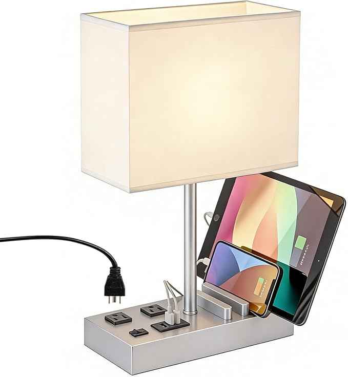 Dreamholder Bedside Table Lamp with 3 USB Charging Ports, 2 AC Outlets and 3 Phone Stands, Modern USB Desk Lamp with Silver Wooden Base