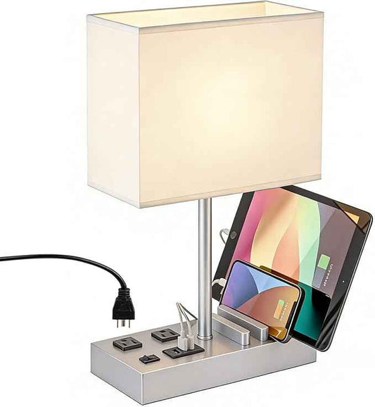 Dreamholder Bedside Table Lamp with 3 USB Charging Ports, 2 AC Outlets and 3 Phone Stands, Modern USB Desk Lamp with Silver Wooden Base