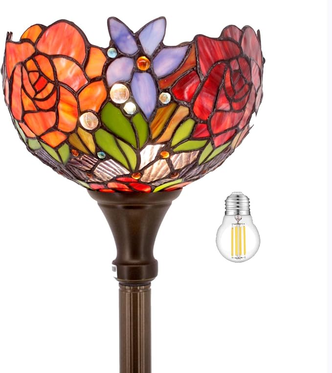 WERFACTORY Tiffany Floor Lamp Red Rose Flower Stained Glass Light 10X10X71 Inches Pole Torchiere Standing Corner Torch Uplight Decor Bedroom Living Room Home Office S001 Series