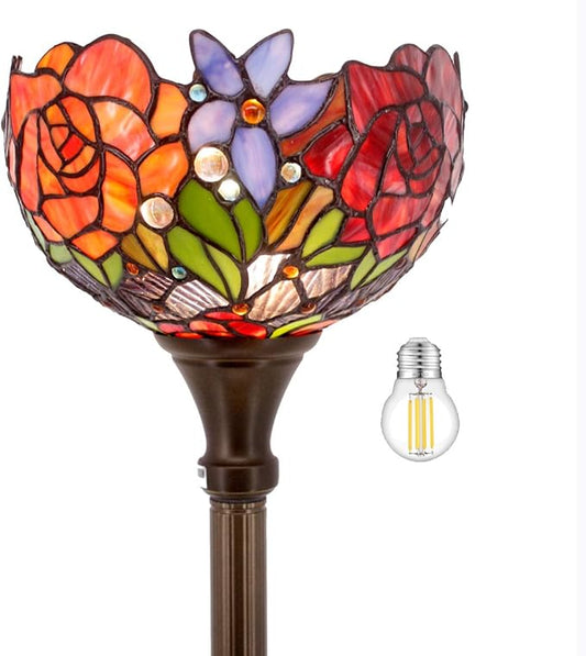 WERFACTORY Tiffany Floor Lamp Red Rose Flower Stained Glass Light 10X10X71 Inches Pole Torchiere Standing Corner Torch Uplight Decor Bedroom Living Room Home Office S001 Series
