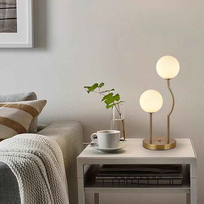 Mid Century Gold Globe Table Lamp 2-Light Orb Modern Beside Desk Table Light with Milk White Glass Shade Metal Base Nightstand Lamp for Bedroom Bedside