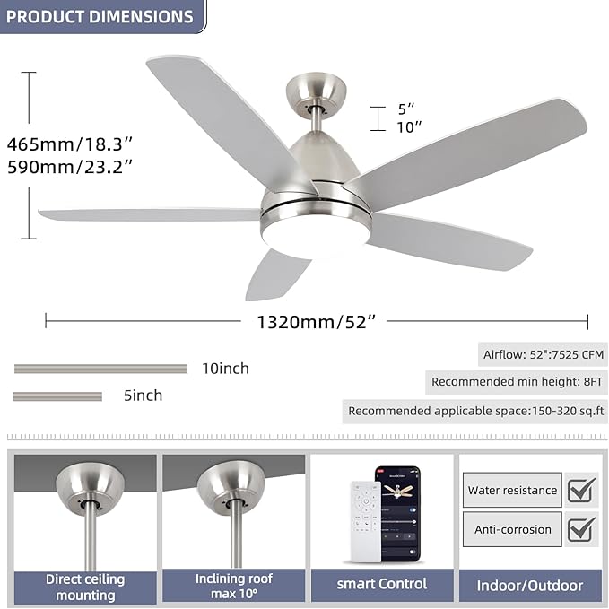 Smart Ceiling Fan with Light, Modern Nickel 52-Inch Outdoor Ceiling Fan and Remote/App, Dimmable Tri-Color LED and Reversible Motor for Indoor Bedroom/Outdoor Covered Patio - Aura Lighting